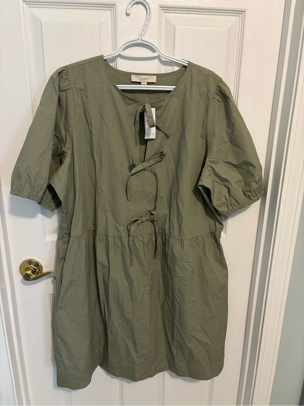 LOFT Olive Green Puff Sleeve Tiered Mini Dress